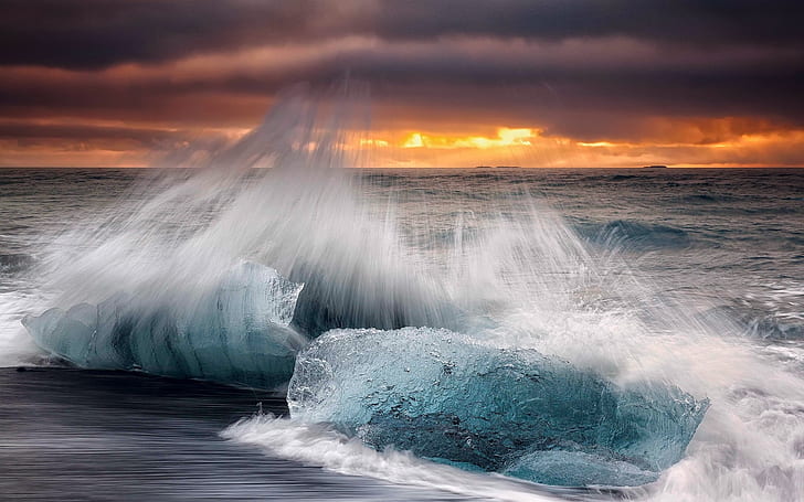 Islande, matin, plage, glace, vagues, éclaboussures, mer, Islande, matin, plage, glace, vagues, éclaboussures, mer, Fond d'écran HD