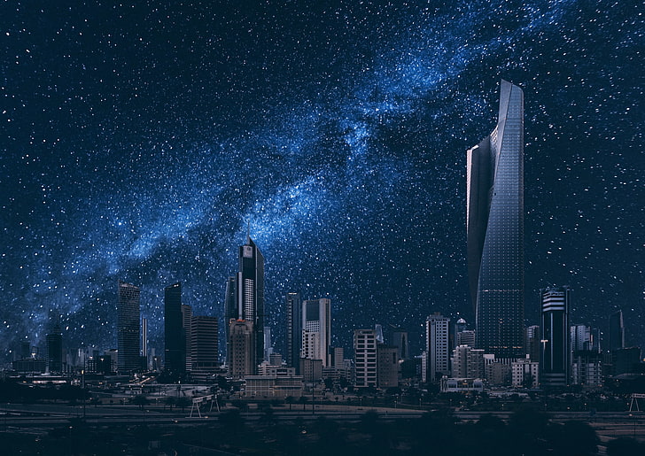 серая бетонная башня, здания, ночной город, звездное небо, кувейт сити, кувейт, HD обои