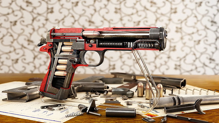 pistol semi-otomatis hitam dan merah, pistol semi-otomatis hitam dan merah, pistol, pistol, M1911, amunisi, cutaway, 1911, World of Guns, .45 Colt, Wallpaper HD