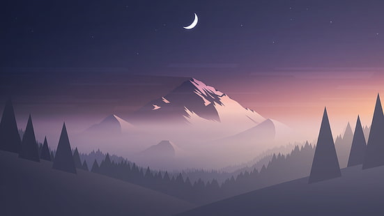 ilustraciones, arte digital, naturaleza, montañas, luna, luna creciente, bosque, árboles, Fondo de pantalla HD HD wallpaper