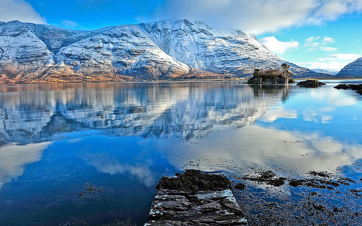 Montañas nevadas, lago, reflejo de agua, azul, nieve, montañas, lago, agua, reflejo, azul, Fondo de pantalla HD