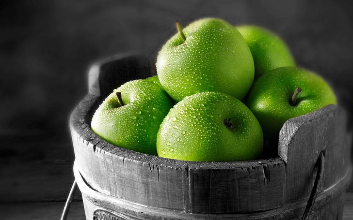 apples fruit green bucket-food drinks HD wallpaper, green apples, HD wallpaper