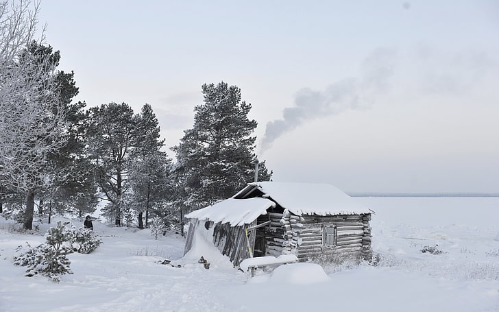 المناظر الطبيعية والطبيعة والثلج والمقصورة والشتاء، خلفية HD