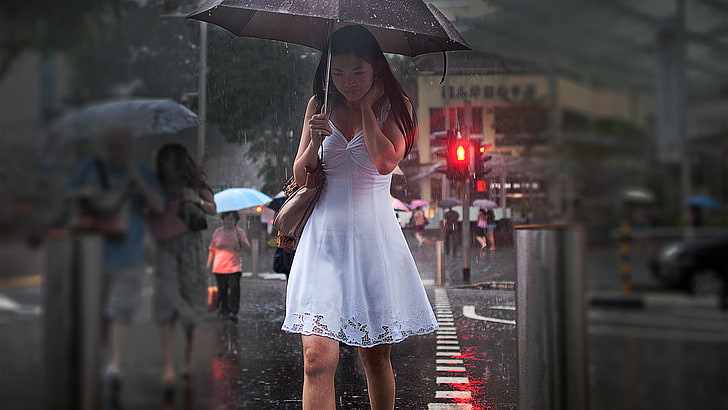 women's white sleeveless dress, rain, women, Asian, white dress, urban, HD wallpaper