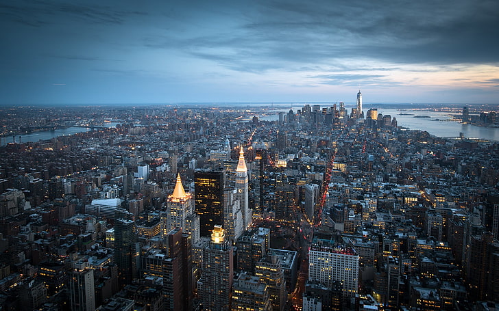 городские здания, архитектура, город, городской пейзаж, Манхэттен, Эмпайр Стейт Билдинг, небо, облака, река, Нью-Йорк, HD обои