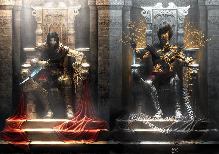 два мъжки персонажа на играта, игра, принц на Персия, двата престола, тапети за игра, тъмен принц, HD тапет