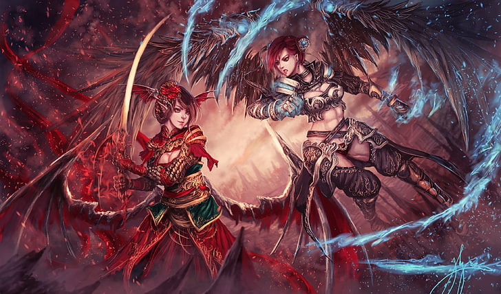 fantasy art, wings, sword, HD wallpaper