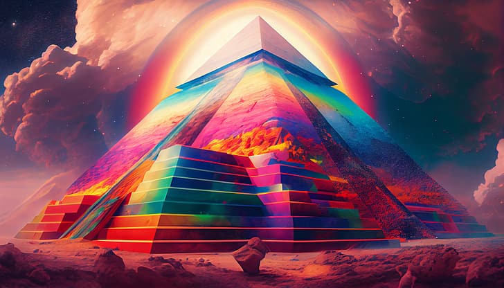 pyramid, overcast, AI art, Midjourney, landscape, Ancient Egypt, architecture, trippy, psychedelic, spectrum, colorful, desert, HD wallpaper