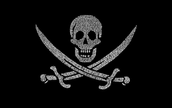 bandiera pirata in bianco e nero, teschio, pirati, Sfondo HD