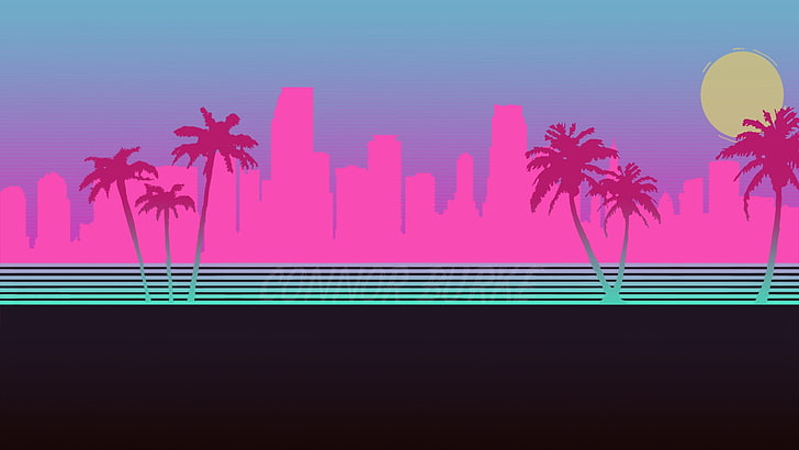 Miasto, Neon, Palmy, Sylwetka, Tło, Hotline Miami, Synthpop, Darkwave, Synth, Retrowave, Synthwave, Synth pop, Tapety HD