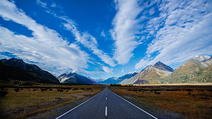 Carretera de asfalto gris, carretera, montaña, marcado, Fondo de pantalla HD