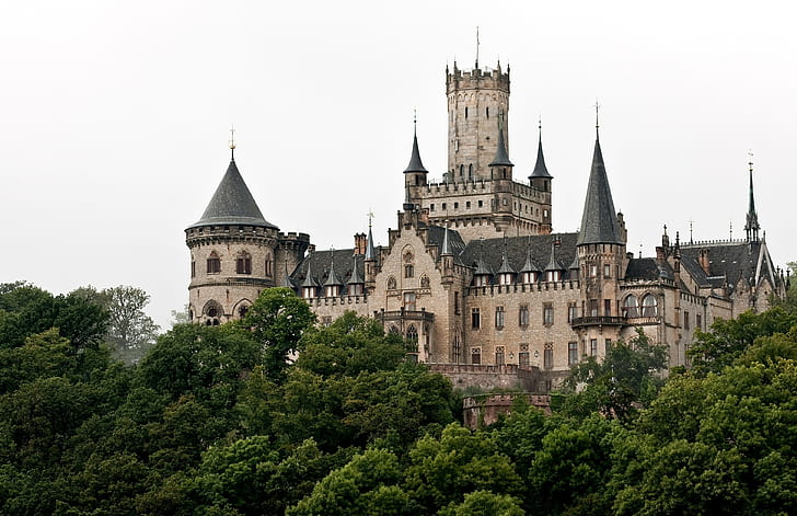 drzewa, zamek, Niemcy, wieża, iglice, zamek Marienburg, Hanower, neogotycki, Marienburg, Hanower, Tapety HD
