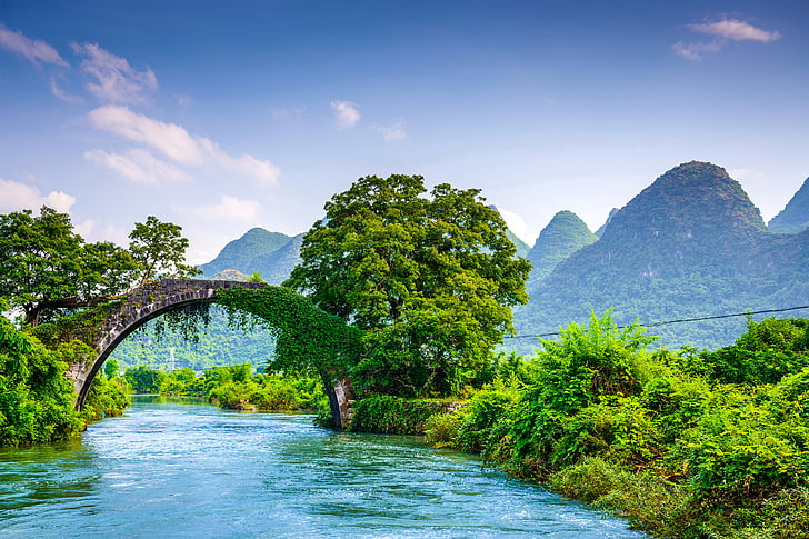 серый мост, зелень, лес, деревья, горы, мост, река, красота, Китай, кусты, Яншо, мост Юлонг, HD обои