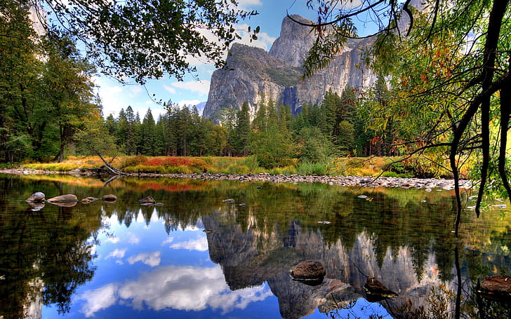 Цветен ъгъл на природата, пейзаж, дървета, езеро, вода, огледало, отражение, HD тапет