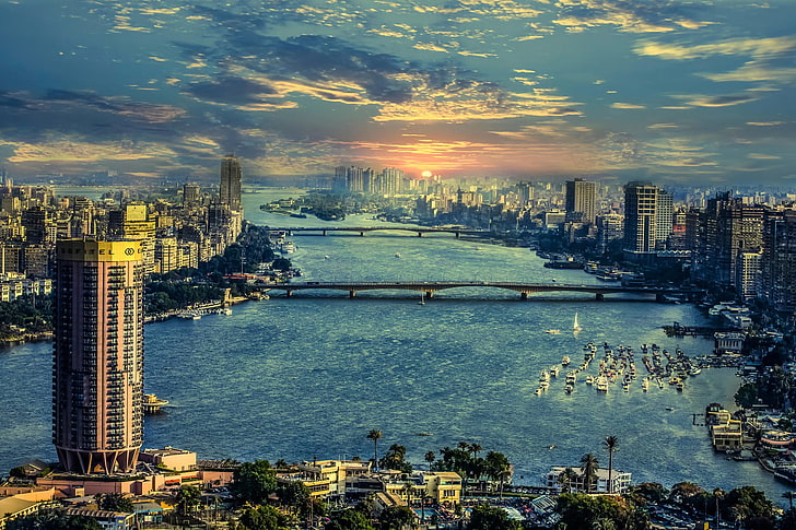 иллюстрация высотных зданий, река, Египет, Нил, Каир, HD обои