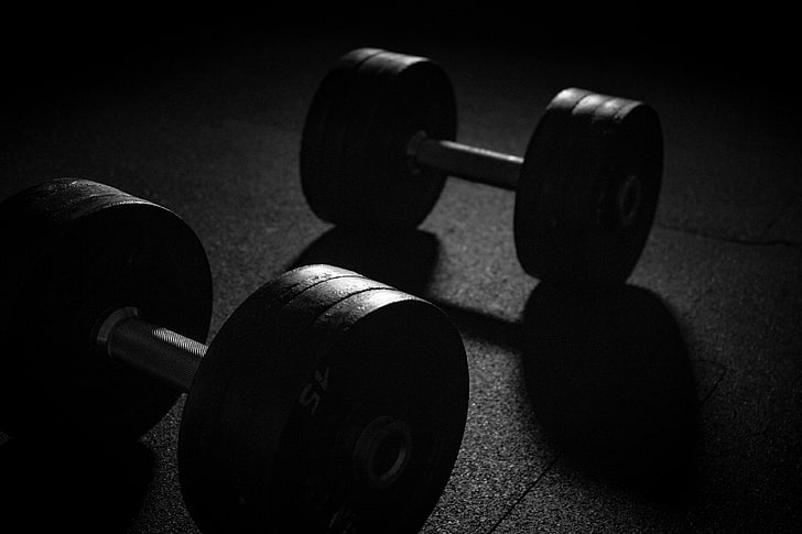 dark, dumbbell, fitness, muscle training, muscles, power sports, sport, strength training, train, training, weight lifting, weight plates, weights, HD wallpaper