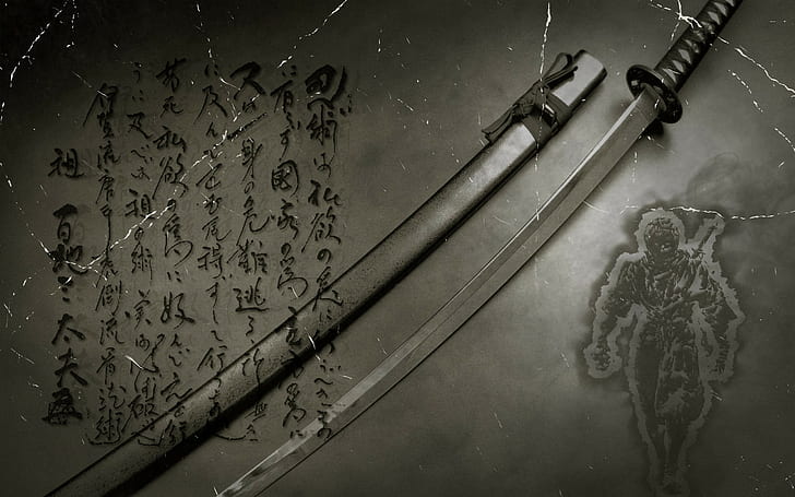 anime, sztuka cyfrowa, japoński, kanji, katana, miecz, Tapety HD