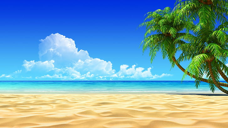 nuages, sable, palmiers, plage, ciel, paysage, nuages, sable, palmiers, plage, ciel, paysage, Fond d'écran HD