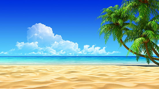 clouds, sand, palm trees, beach, sky, landscape, clouds, sand, palm trees, beach, sky, landscape, HD wallpaper HD wallpaper