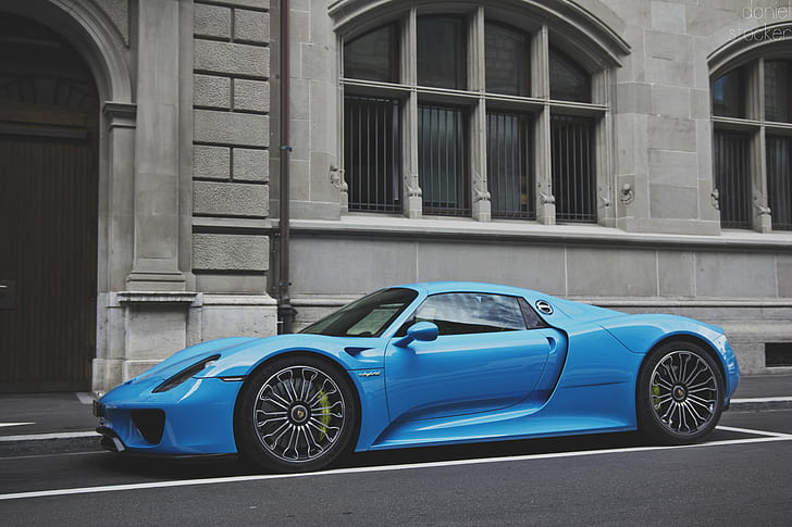 blue coupe beside gray concrete building, coupe, gray, concrete, building, Porsche  918  Spyder, rocket, baby  blue, hypercar, exotic, Zurich, Switzerland, car, sports Car, luxury, land Vehicle, transportation, street, supercar, modern, HD wallpaper