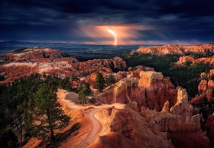 natura, paesaggio, fulmini, tempesta, alberi, nuvole, Bryce Canyon National Park, Sfondo HD