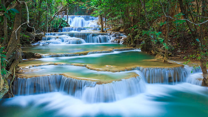 Vattenfall, Erawan vattenfall, Erawan nationalpark, Tenasserim Hills, Thailand, vattenfall, HD tapet