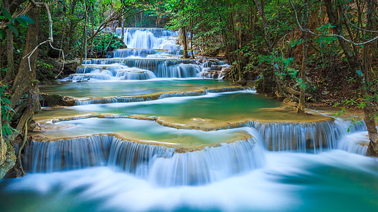 Cachoeiras, Cachoeira Erawan, Parque Nacional Erawan, Tenasserim Hills, Tailândia, Cachoeira, HD papel de parede HD wallpaper