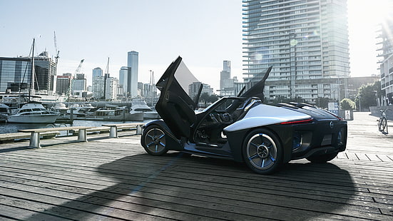 supercar on plank dock, Nissan Bladeglider, electric cars, concept, Best Electric Cars 2015, Nissan, ecosafe, side, doors, review, HD wallpaper HD wallpaper