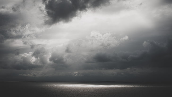 sea, clouds, sunbeams, gray, HD wallpaper