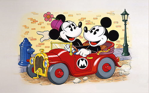 Mickey And Minnie Mouse Driving A Car Cartoon Wallpaper, HD wallpaper HD wallpaper