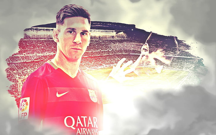 men's red Nike Qatar Airways jersey shirt, Lionel Messi, Leo Messi, HD wallpaper