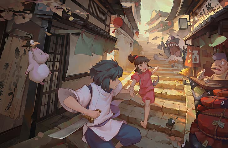 Spirited Away, Haku, Chihiro, No-Face, Studio Ghibli, HD wallpaper