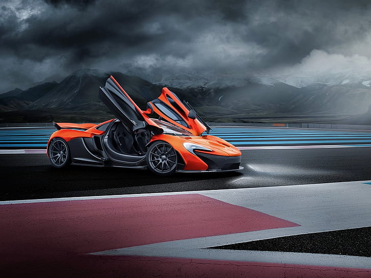 McLaren P1 orange Supersportwagen, Türen geöffnet, orange und schwarzer Sportwagen, McLaren, P1, Orange, Supersportwagen, Türen geöffnet, HD-Hintergrundbild