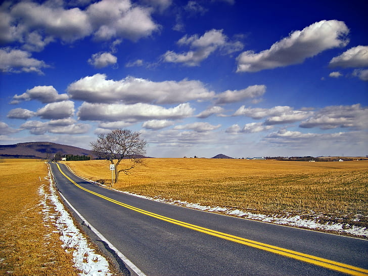 empty black top road, Country Mile, empty, black top, top road, Pennsylvania, Berks County, Greenwich Township, Blue Mountain, Kittatinny Mountain, Spitzenberg, Hill, Great Valley, landscape, sky, clouds, cumulus, snow, rural, bright light, creative commons, road, nature, rural Scene, asphalt, travel, highway, summer, outdoors, blue, cloud - Sky, scenics, no People, HD wallpaper