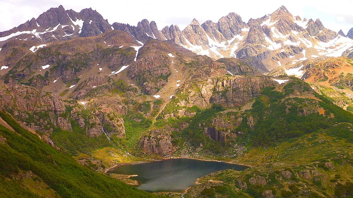 paysage nature peinture, nature, paysage, montagnes, lac, arbustes, neige, printemps, Patagonie, île, Chili, Fond d'écran HD