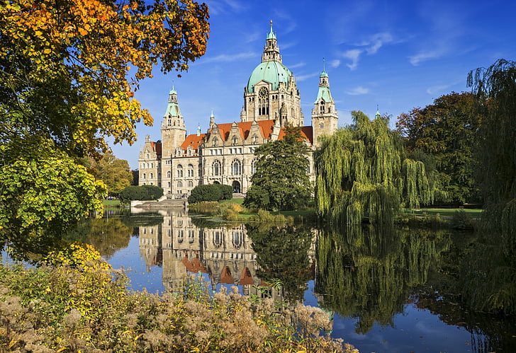 Man Made, New City Hall (Hanover), Architecture, Building, Germany, Hanover, Reflection, HD wallpaper