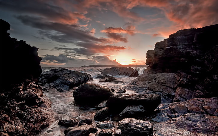 rocks on body of water at daytime, landscape, sunset, sea, stones, sky, clouds, rock, HD wallpaper