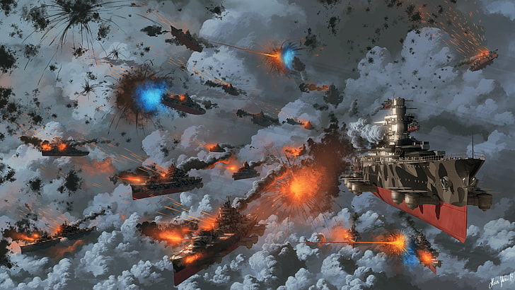 black and red ship illustration, artwork, digital art, steampunk, naval battles, sky, war, HD wallpaper