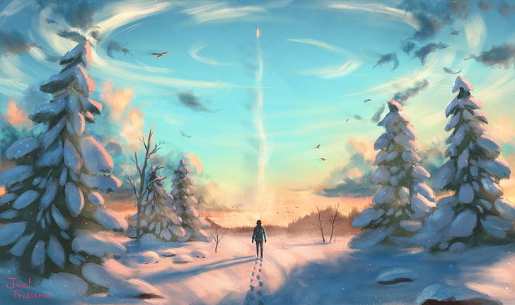 человек, стоящий возле сосновых обоев, пейзаж, снег, птицы, ракета, цифровое искусство, произведение искусства, HD обои
