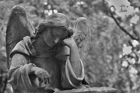 angel, black and white, cemetery, death, hands, memory, monument, sadness, statue, stone, tombstone, HD wallpaper HD wallpaper