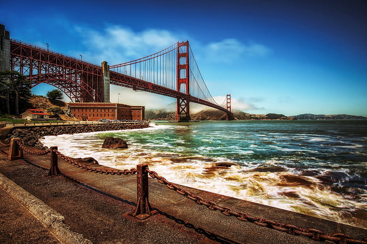 サンフランシスコ湾、ゴールデンゲート海峡、ゴールデンゲートブリッジ、ゴールデンゲートブリッジ、サンフランシスコ、サンフランシスコ湾、ゴールデンゲート海峡、堤防、 HDデスクトップの壁紙