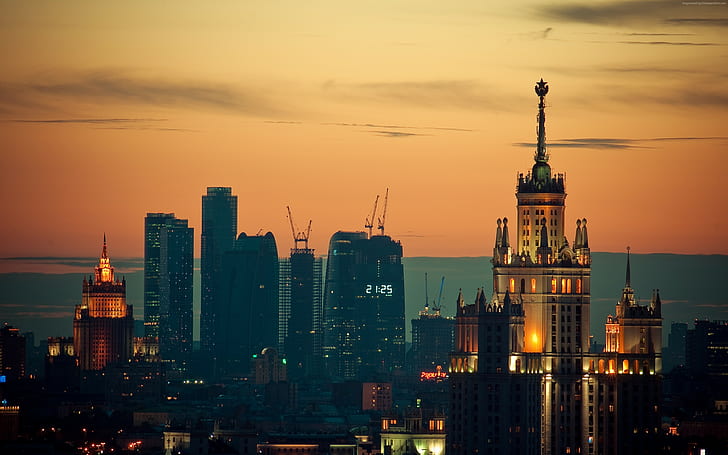 centro da cidade, Moscou, viajar, céu, pôr do sol, HD papel de parede