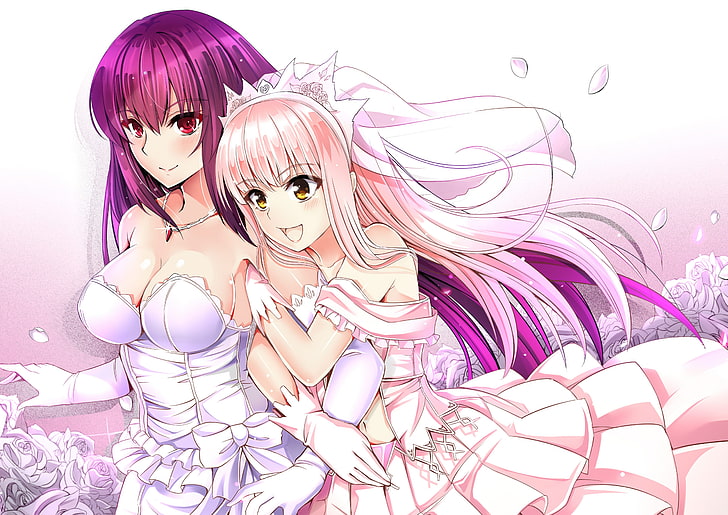 two female anime characters, Fate/Grand Order, Medb ( fate/grand order ), Scathach ( Fate/Grand Order ), wedding dress, cleavage, HD wallpaper