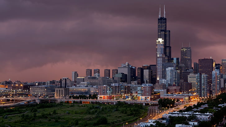 도시 풍경, 황혼, 시카고, HD 배경 화면