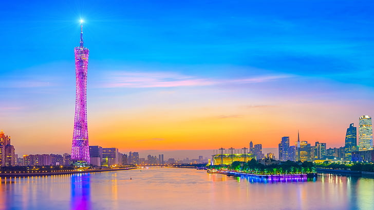 metropolitan area, cityscape, landmark, reflection, skyline, city, sky, metropolis, tower, horizon, urban area, guangzhou tower, canton tower, guangzhou, china, HD wallpaper