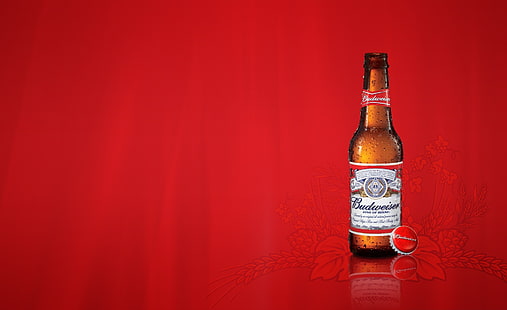 Budweiser, бутылка с надписью Budweiser, Еда и напитки, пиво, красный фон, budweiser, HD обои HD wallpaper