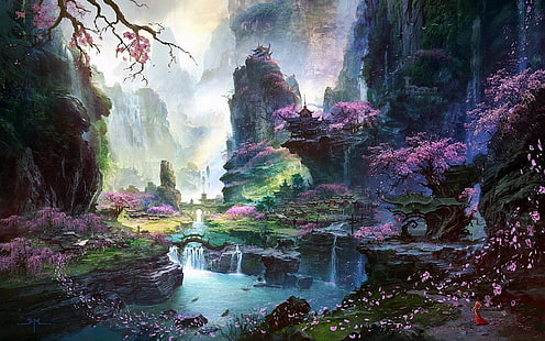 arte fantasy, fiore di ciliegio, Sfondo HD HD wallpaper