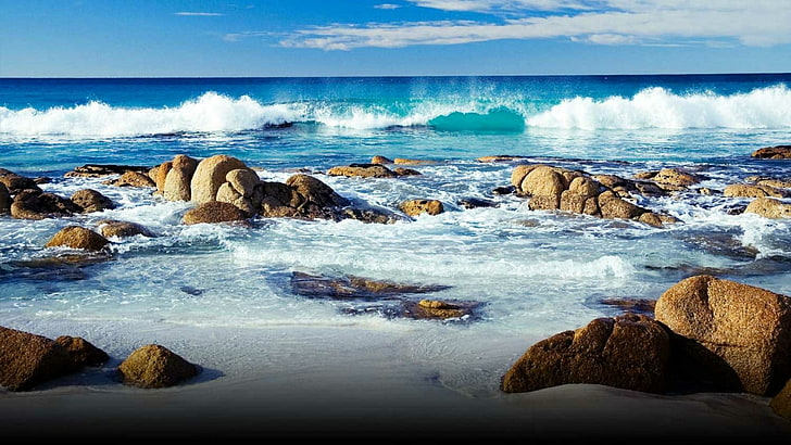 вятърна вълна, коралово море, Куинсланд, Австралия, голям бариерен риф, спокойствие, плаж, хоризонт, скала, море, небе, вода, пяна, вълна, крайбрежие, океан, бряг, водно тяло, HD тапет