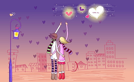 Amor, ilustración de pareja, vacaciones, día de San Valentín, amor, amantes, día de San Valentín, enamorado, mirando el cielo nocturno, Fondo de pantalla HD HD wallpaper