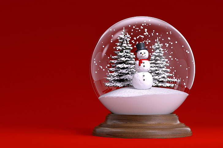 снеговик снежный шар, снег, елка, шар, Новый год, Рождество, снеговик, зима, глобус, Рождество, HD обои